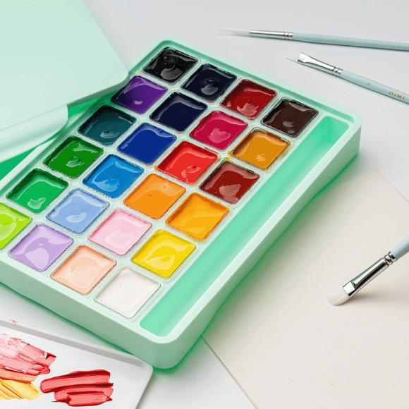 Набор красок гуашевых HIMI Jelly Cup 24x30 мл, 3 кисти, зеленый пластиковый пенал