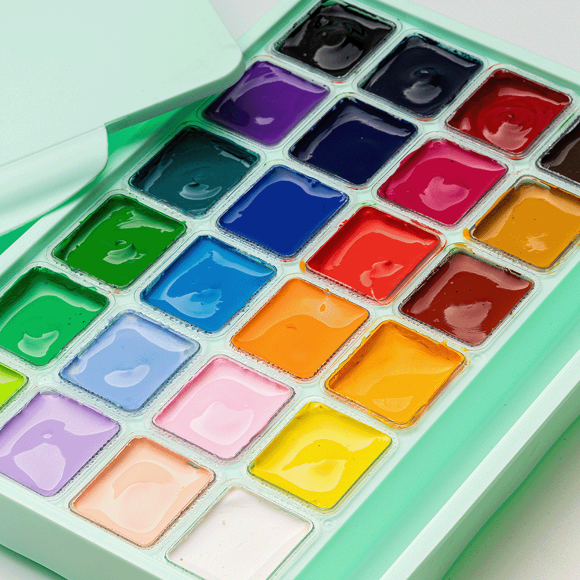 Набор красок гуашевых HIMI Jelly Cup 24x30 мл, 3 кисти, зеленый пластиковый пенал