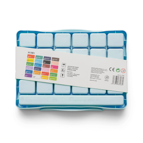 Набор красок гуашевых HIMI Jelly Cup 24x30 мл, 3 кисти, зеленый пластиковый пенал