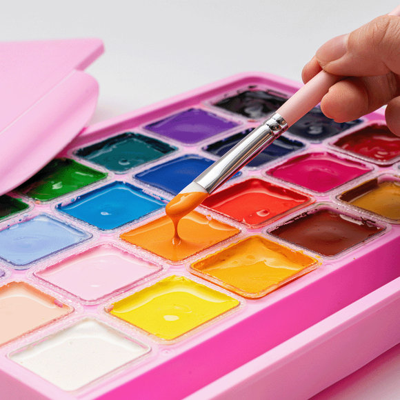 Набор красок гуашевых HIMI Jelly Cup 24x30 мл, 3 кисти, розовый пластиковый пенал