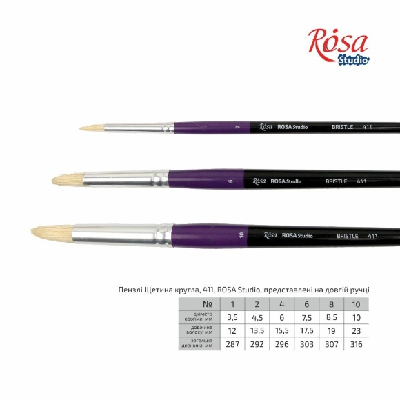 Кисть щетина круглая 411 №1 длинная ручка ROSA Studio