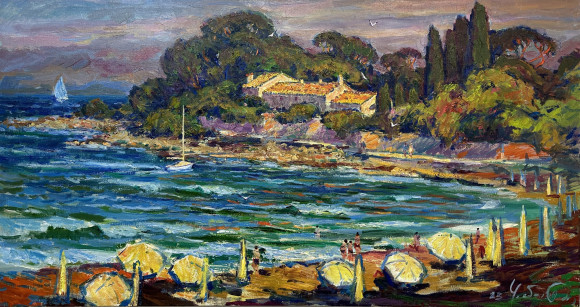 Painting Evening Beach de la Garoupe, Antibes, artist Andrey Chebotaru