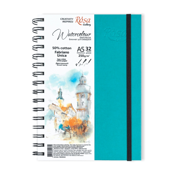 A5 Unica by Fabriano spiral watercolor notebook, 250g/m2, 32 sheets, white paper, Turquoise, ROSA Gallery