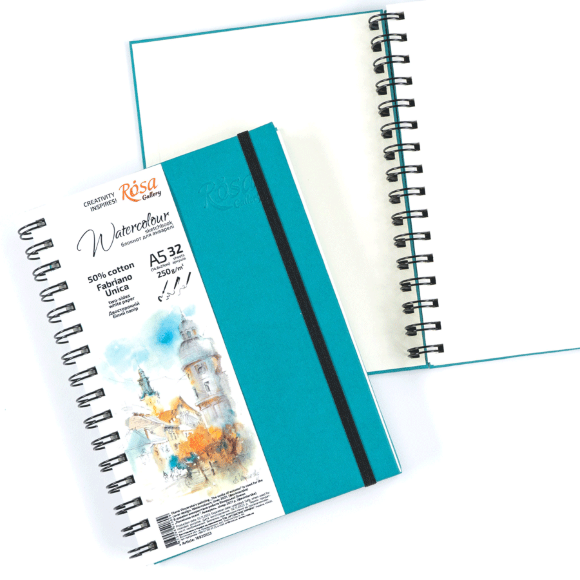 A5 Unica by Fabriano spiral watercolor notebook, 250g/m2, 32 sheets, white paper, Turquoise, ROSA Gallery