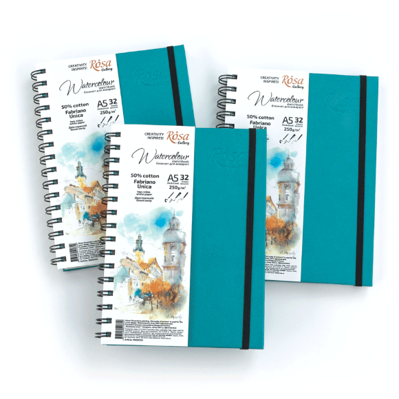 A5 Unica by Fabriano spiral watercolor notebook, 250g/m2, 32 sheets, white paper, Turquoise, ROSA Gallery