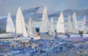 Painting Yachts at sea, artist Yegor Dulin