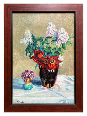 Painting Still life with lilacs and tulips, artist Kuznetsova Painting Still life with lilacs and tulips, artist Kuznetsova
