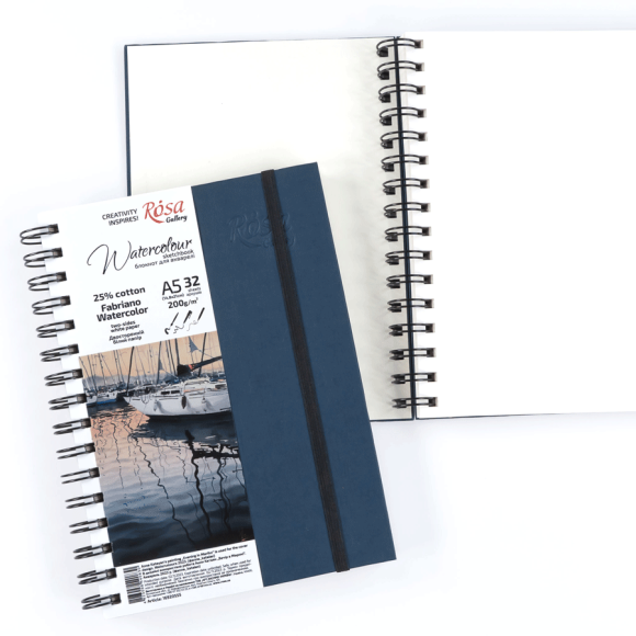 Watercolor by Fabriano A5 Spiral Notebook, 200g/m2, 32 sheets, Indigo White Paper, ROSA Gallery