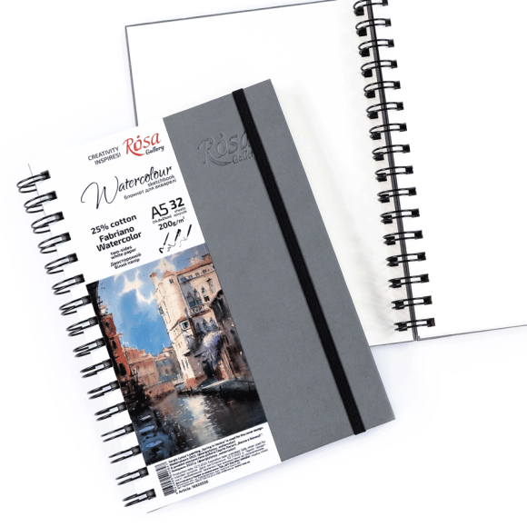 Блокнот для акварели на спирали Watercolor by Fabriano 200г/м2 32 л белая бумага Антрацит ROSA Gallery Блокнот для акварели на спирали Watercolor by Fabriano 200г/м2 32 л белая бумага Антрацит ROSA Gallery