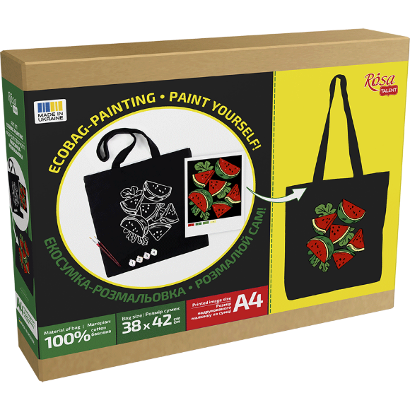Набор екосумка-раскраска "Арбузы" 38х42см черный хлопок 200г/м2 ROSA Talent