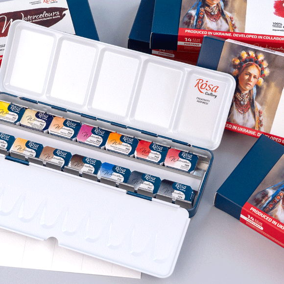 Набор акварельных красок PORTRAIT металлический пенал Индиго 14цв. х 2,5мл кювета ROSA Gallery
