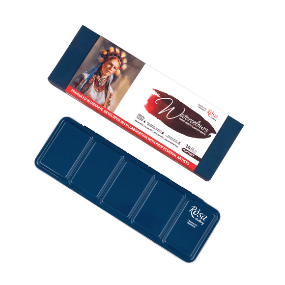 Набор акварельных красок PORTRAIT металлический пенал Индиго 14цв. х 2,5мл кювета ROSA Gallery