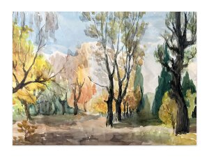 Акварель Прогулка в лесу, неизвестный художник Акварель Прогулка в лесу, неизвестный художник