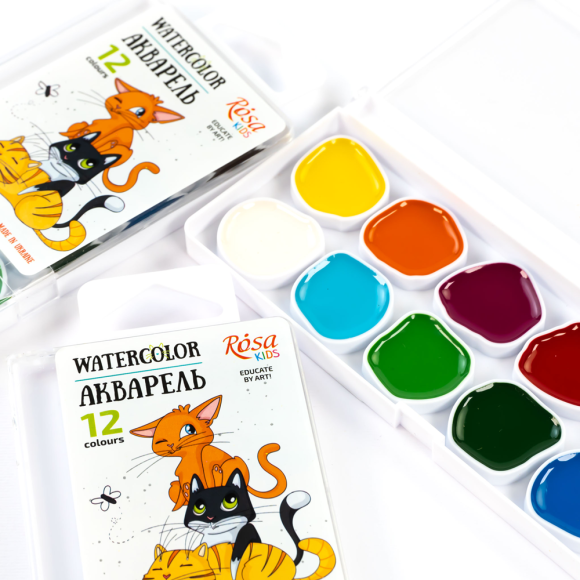 ROSA Kids Cats Watercolor Paint Set, 12 Colors, No Brushes