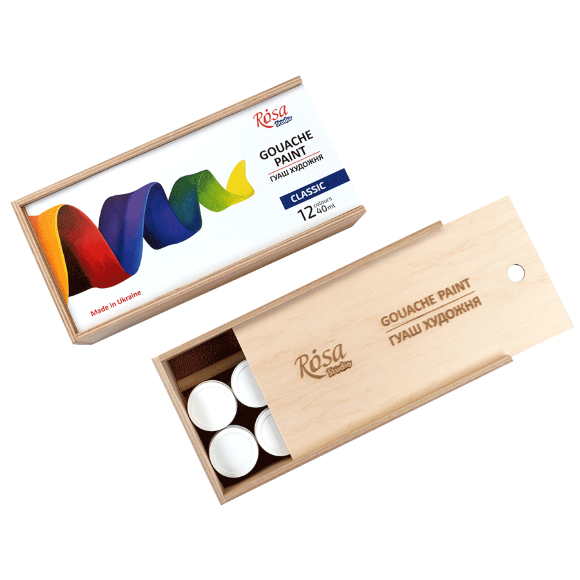 Набор красок гуашевых CLASSIC 12×40мл деревянный пенал ROSA Studio