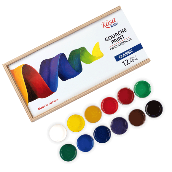 Набор красок гуашевых CLASSIC 12×40мл деревянный пенал ROSA Studio