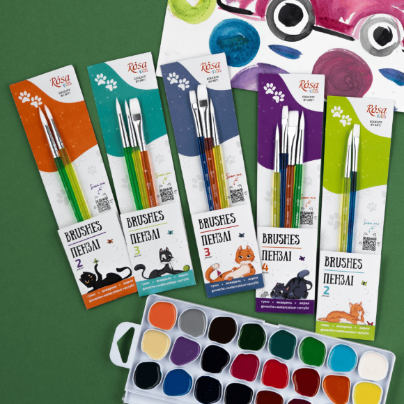 Набор кистей №5 синтетика 4шт: круглая (№6 8) плоская (№6 10) ROSA Kids Набор кистей №5 синтетика 4шт: круглая (№6 8) плоская (№6 10) ROSA Kids