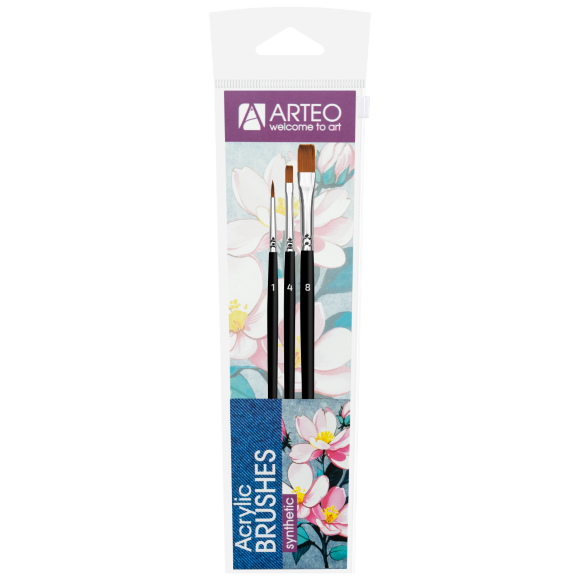 Набор кистей для росписи тканей №1 синтетика, 3шт, круглая (№1), плоская (№ 4,8) короткая ручка Arteo