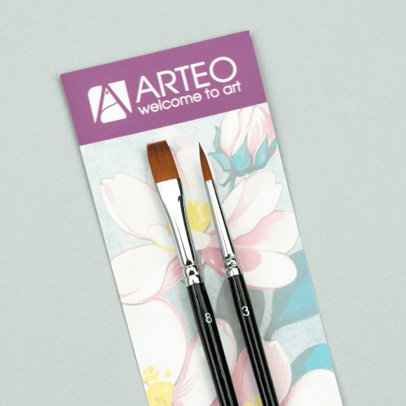 Набор кистей для росписи тканей №2 синтетика 2шт, круглая (№3), плоская (№ 8) короткая ручка Arteo