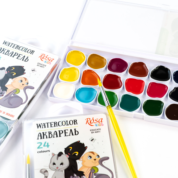 Набір акварельних фарб Cats 24 кол. з/пензликом ROSA Kids Набір акварельних фарб Cats 24 кол. з/пензликом ROSA Kids