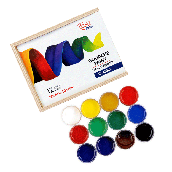 Набор красок гуашевых CLASSIC 12×20мл деревянный пенал ROSA Studio
