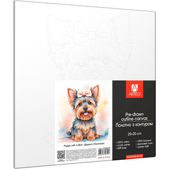 Холст на ХДФ с контуром Щенок с бантиком 20×20 хлопок акрил Arteo
