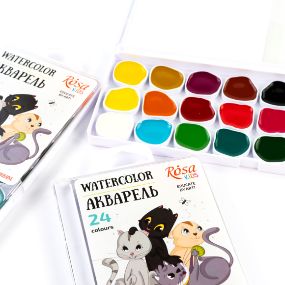 ROSA Kids Cats Watercolor Paint Set, 24 Colors, No Brushes