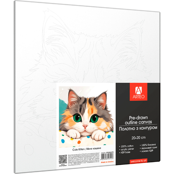 Полотно на ХДФ с контуром Милый котенок 20×20 хлопок акрил Arteo
