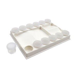 Rectangular plastic palette with wells 20.5 x 15 x 3 cm + 12 JARS with lids DK ART