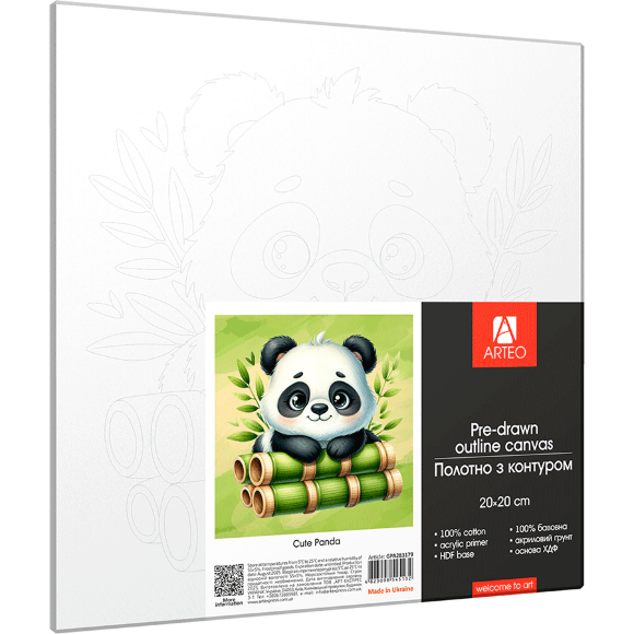 Холст на ХДФ с контуром Cute Panda 20×20 хлопок акрил Arteo