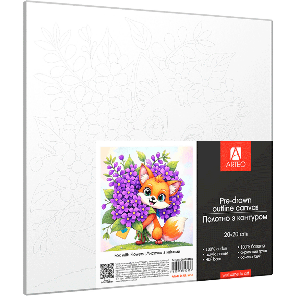 Холст на ХДФ с контуром Лисичка с цветами 20×20 хлопок акрил Arteo