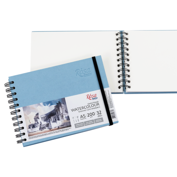 Блокнот для акварели ROSA Studio Watercolor A5, 200 г/м², 32 л., горизонтальный, на спирали (голубой) Блокнот для акварели ROSA Studio Watercolor A5, 200 г/м², 32 л., горизонтальный, на спирали (голубой)