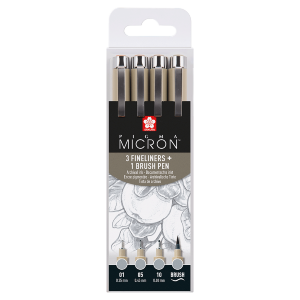 Набор линеров PIGMA MICRON 4шт (0.1/0.5/10/линер-кисть Pigma Brush), Серый, Светлый, Sakura