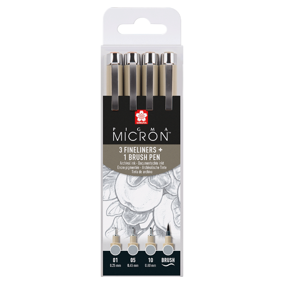 Набор линеров PIGMA MICRON 4шт (0.1/0.5/10/линер-кисть Pigma Brush), Серый, Светлый, Sakura