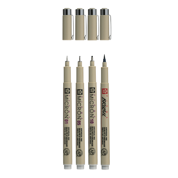 Набор линеров PIGMA MICRON 4шт (0.1/0.5/10/линер-кисть Pigma Brush), Серый, Светлый, Sakura