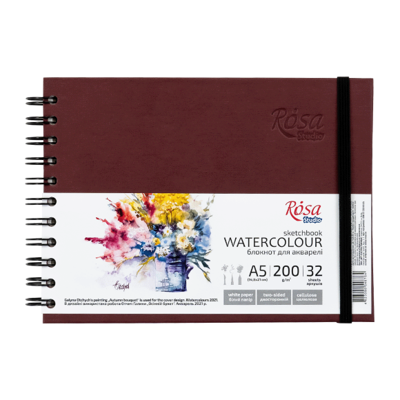 Блокнот для акварели ROSA Studio Watercolor A5, 200 г/м², 32 л., горизонтальный, на спирали (бордо)
