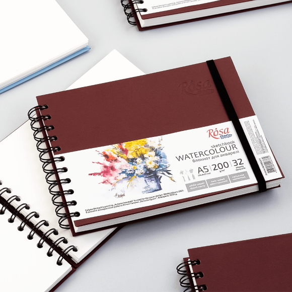 Блокнот для акварели ROSA Studio Watercolor A5, 200 г/м², 32 л., горизонтальный, на спирали (бордо)