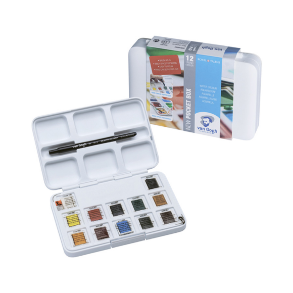 Набор акварельных красок VAN GOGH Pocket box 12 кювет+кисти Royal Talens