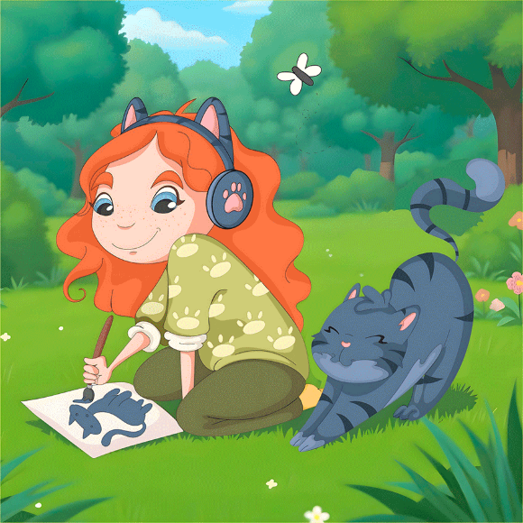 Холст на ХДФ с контуром Девочка и котик 20×20 хлопок акрил Arteo