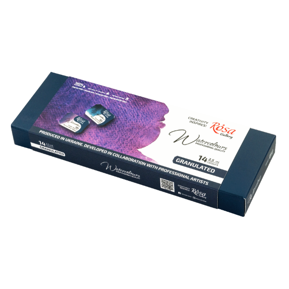 Набор акварельных красок GRANULATION 14 цв. 2,5мл, кювета пенал Индиго металл ROSA Gallery