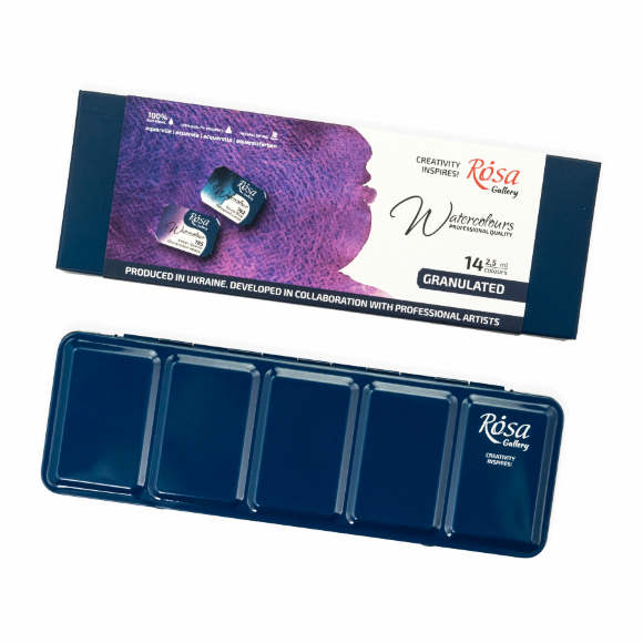 Набор акварельных красок GRANULATION 14 цв. 2,5мл, кювета пенал Индиго металл ROSA Gallery