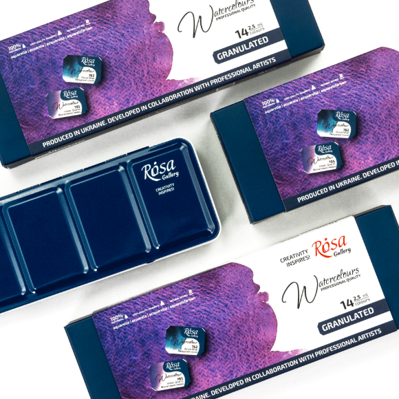 Набор акварельных красок GRANULATION 14 цв. 2,5мл, кювета пенал Индиго металл ROSA Gallery