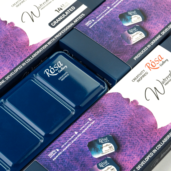 Набор акварельных красок GRANULATION 14 цв. 2,5мл, кювета пенал Индиго металл ROSA Gallery