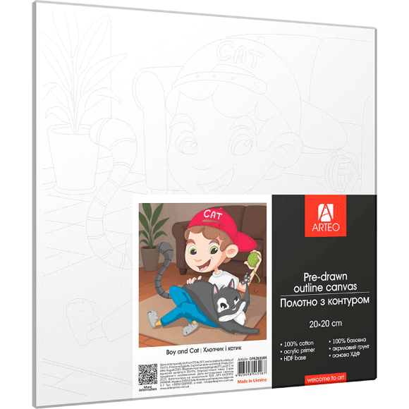 Холст на ХДФ с контуром Мальчик и котик 20×20 хлопок акрил Arteo