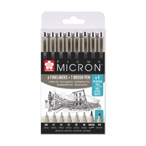 Набор линеров PIGMA MICRON 6шт 1 линер-кисть Pigma Brush + PIGMA Micron PN В ПОДАРОК, Sakura