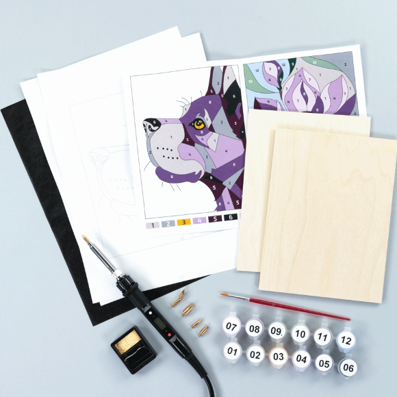 Набор для обжига картины на дереве „Dog and Flower“ с красками в коробке ROSA Start Набор для обжига картины на дереве „Dog and Flower“ с красками в коробке ROSA Start