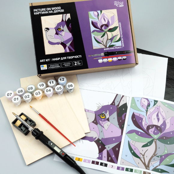 Набор для обжига картины на дереве „Dog and Flower“ с красками в коробке ROSA Start Набор для обжига картины на дереве „Dog and Flower“ с красками в коробке ROSA Start