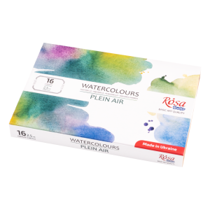 Набір акварельних фарб ROSA Studio PLEIN AIR, 16x2,5 мл, кювети, картонна упаковка Набір акварельних фарб ROSA Studio PLEIN AIR, 16x2,5 мл, кювети, картонна упаковка