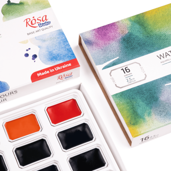 Набір акварельних фарб ROSA Studio PLEIN AIR, 16x2,5 мл, кювети, картонна упаковка