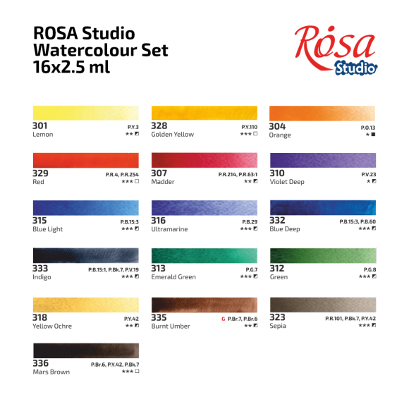 Набір акварельних фарб ROSA Studio PLEIN AIR, 16x2,5 мл, кювети, картонна упаковка